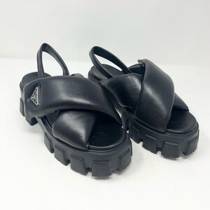 Prada Monolith Platform Padded Leather Sandal Triangle Logo size 39 EU Black